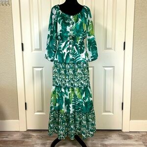 Figueroa Fig & Flower Anthropologie Green Palm Print Maxi Dress